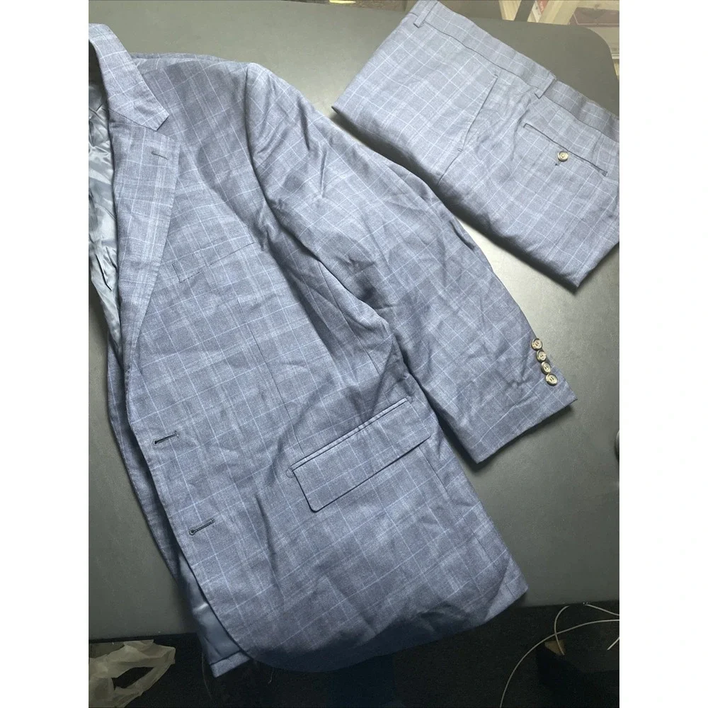 Max Davoli Baroni Suit 48S 100% Wool Super 150s Blue Plaid Pants 42 x 29